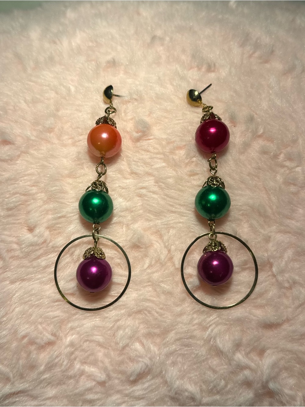 Colorful Beaded Hoop Drop Earrings - Pink, Green, Orange